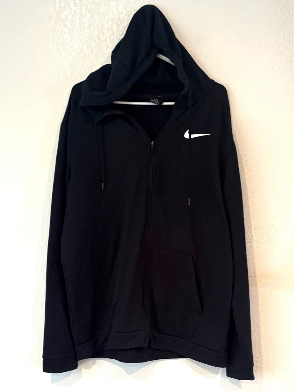 Nike Men’s Black Zip-Up Dry fit Hooded Jacket with White Swoosh